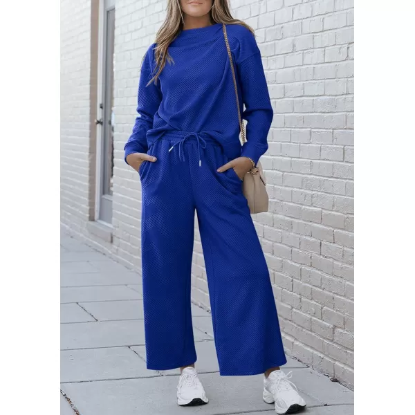 PRETTYGARDEN Womens 2 Piece Outfits Fall Casual Long Sleeve Pullover Tops and Wide Leg Pants Knitted Lounge SetsRoyal Blue