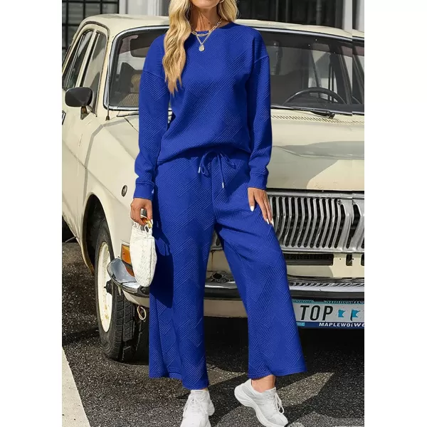 PRETTYGARDEN Womens 2 Piece Outfits Fall Casual Long Sleeve Pullover Tops and Wide Leg Pants Knitted Lounge SetsRoyal Blue