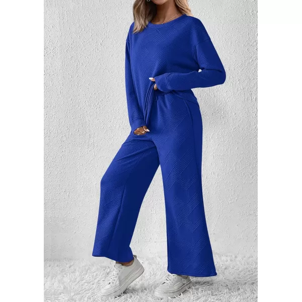 PRETTYGARDEN Womens 2 Piece Outfits Fall Casual Long Sleeve Pullover Tops and Wide Leg Pants Knitted Lounge SetsRoyal Blue