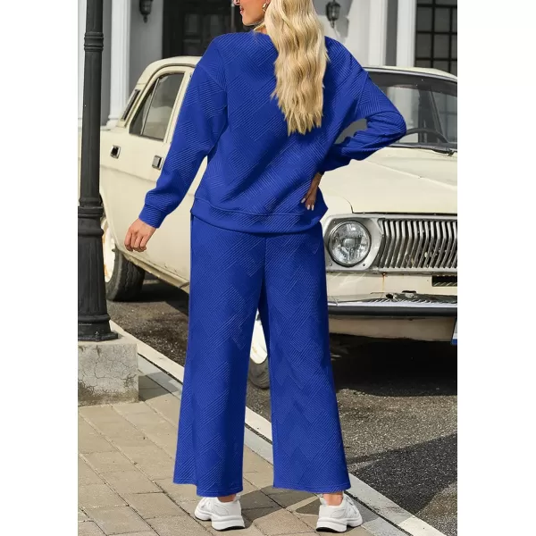 PRETTYGARDEN Womens 2 Piece Outfits Fall Casual Long Sleeve Pullover Tops and Wide Leg Pants Knitted Lounge SetsRoyal Blue