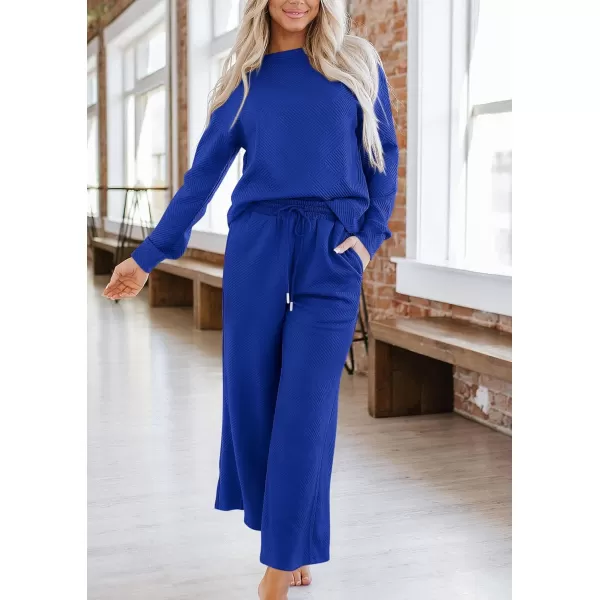 PRETTYGARDEN Womens 2 Piece Outfits Fall Casual Long Sleeve Pullover Tops and Wide Leg Pants Knitted Lounge SetsRoyal Blue