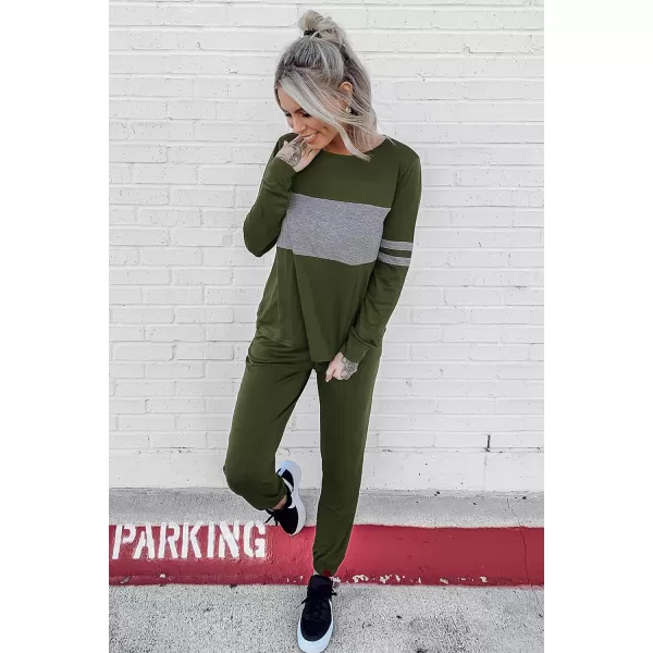PRETTYGARDEN Womens Color Block 2 Piece Tracksuit Crewneck Long Sleeve Tops Long Sweatpants Outfits Lounge SetsArmy Green