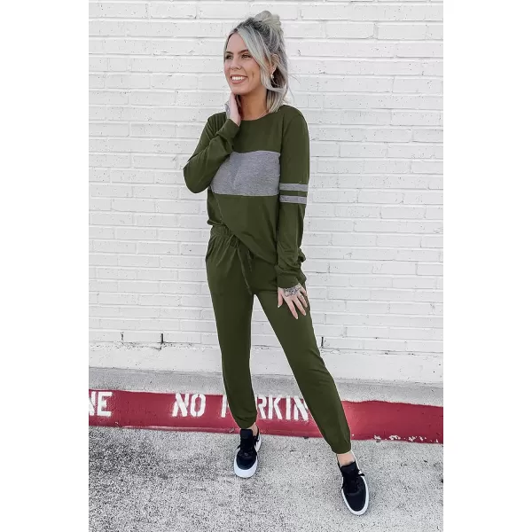 PRETTYGARDEN Womens Color Block 2 Piece Tracksuit Crewneck Long Sleeve Tops Long Sweatpants Outfits Lounge SetsArmy Green