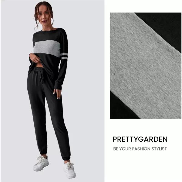PRETTYGARDEN Womens Color Block 2 Piece Tracksuit Crewneck Long Sleeve Tops Long Sweatpants Outfits Lounge SetsBlack