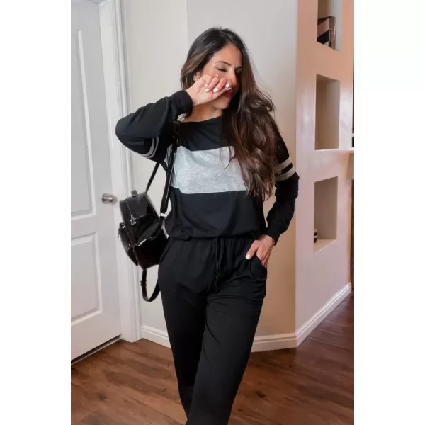 PRETTYGARDEN Womens Color Block 2 Piece Tracksuit Crewneck Long Sleeve Tops Long Sweatpants Outfits Lounge SetsBlack
