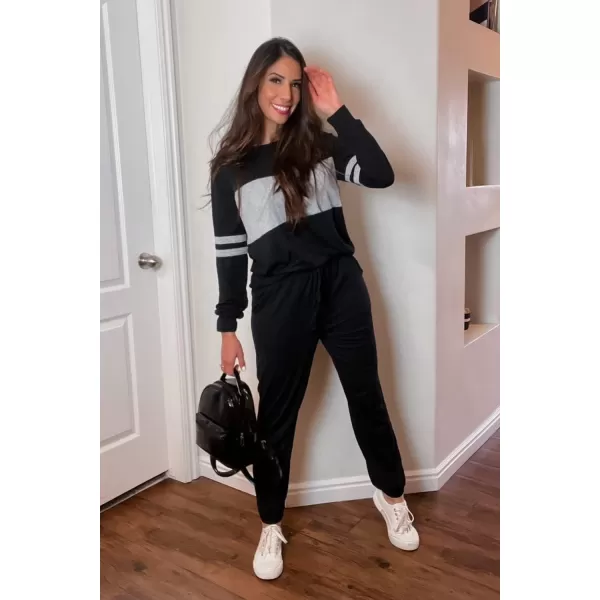 PRETTYGARDEN Womens Color Block 2 Piece Tracksuit Crewneck Long Sleeve Tops Long Sweatpants Outfits Lounge SetsBlack