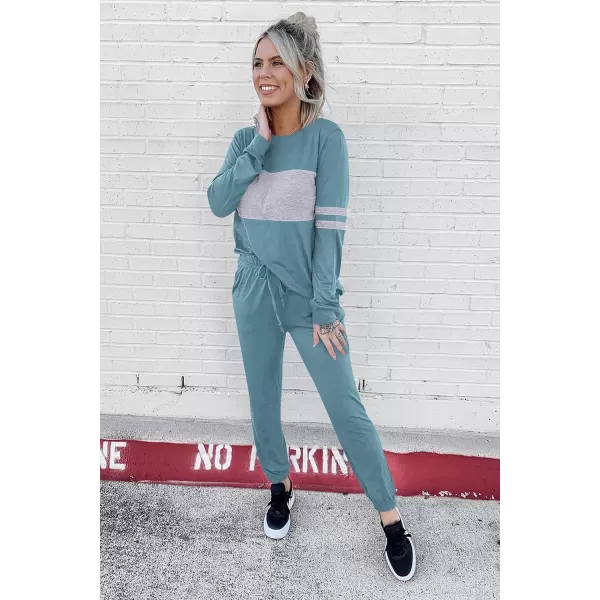 PRETTYGARDEN Womens Color Block 2 Piece Tracksuit Crewneck Long Sleeve Tops Long Sweatpants Outfits Lounge SetsBlue