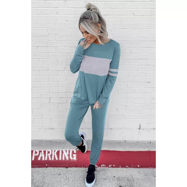 PRETTYGARDEN Womens Color Block 2 Piece Tracksuit Crewneck Long Sleeve Tops Long Sweatpants Outfits Lounge SetsBlue