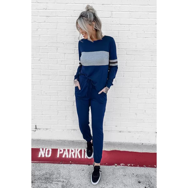 PRETTYGARDEN Womens Color Block 2 Piece Tracksuit Crewneck Long Sleeve Tops Long Sweatpants Outfits Lounge SetsBright Blue