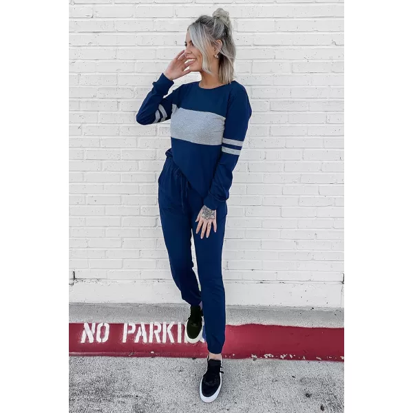 PRETTYGARDEN Womens Color Block 2 Piece Tracksuit Crewneck Long Sleeve Tops Long Sweatpants Outfits Lounge SetsBright Blue