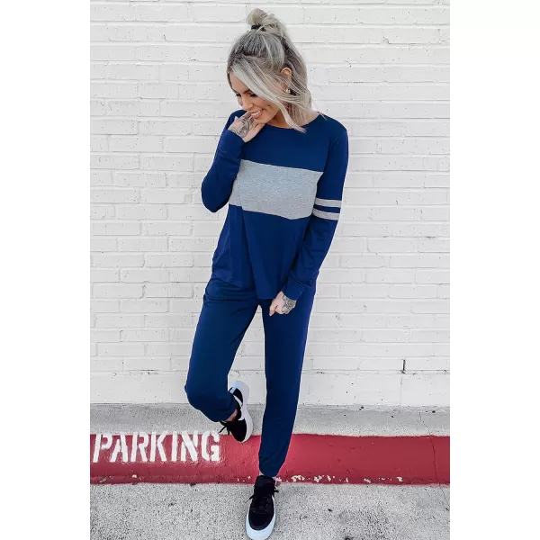 PRETTYGARDEN Womens Color Block 2 Piece Tracksuit Crewneck Long Sleeve Tops Long Sweatpants Outfits Lounge SetsBright Blue