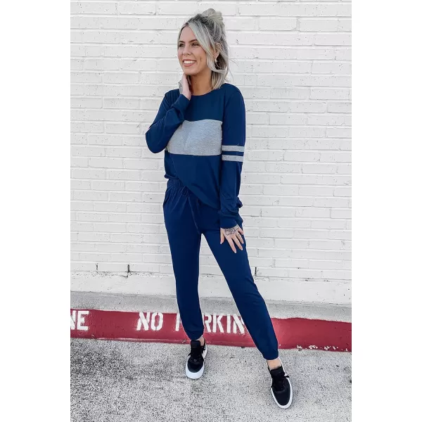 PRETTYGARDEN Womens Color Block 2 Piece Tracksuit Crewneck Long Sleeve Tops Long Sweatpants Outfits Lounge SetsBright Blue