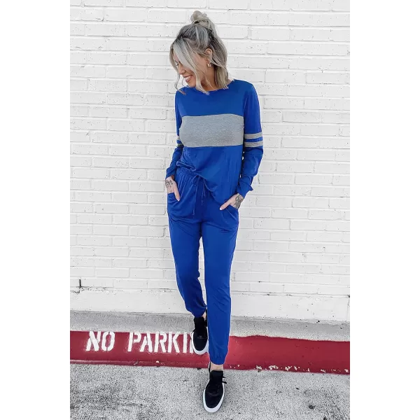 PRETTYGARDEN Womens Color Block 2 Piece Tracksuit Crewneck Long Sleeve Tops Long Sweatpants Outfits Lounge SetsDark Blue