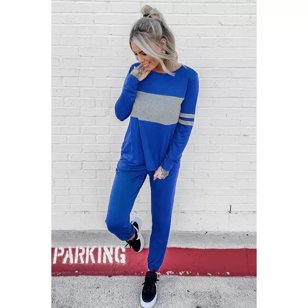 PRETTYGARDEN Womens Color Block 2 Piece Tracksuit Crewneck Long Sleeve Tops Long Sweatpants Outfits Lounge SetsDark Blue