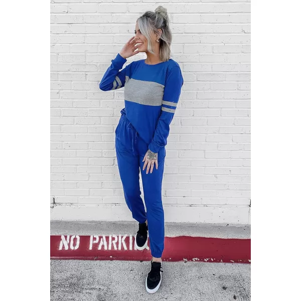 PRETTYGARDEN Womens Color Block 2 Piece Tracksuit Crewneck Long Sleeve Tops Long Sweatpants Outfits Lounge SetsDark Blue