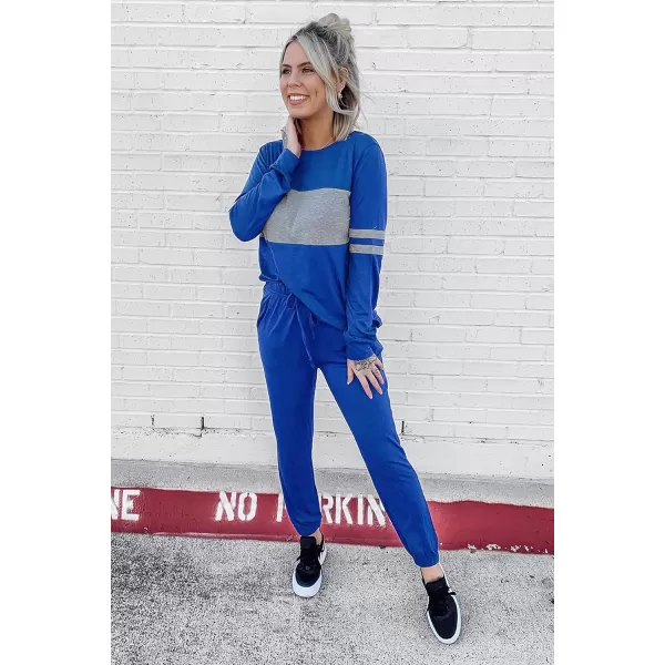 PRETTYGARDEN Womens Color Block 2 Piece Tracksuit Crewneck Long Sleeve Tops Long Sweatpants Outfits Lounge SetsDark Blue