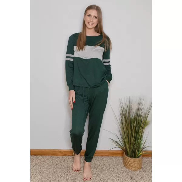 PRETTYGARDEN Womens Color Block 2 Piece Tracksuit Crewneck Long Sleeve Tops Long Sweatpants Outfits Lounge SetsDark Green