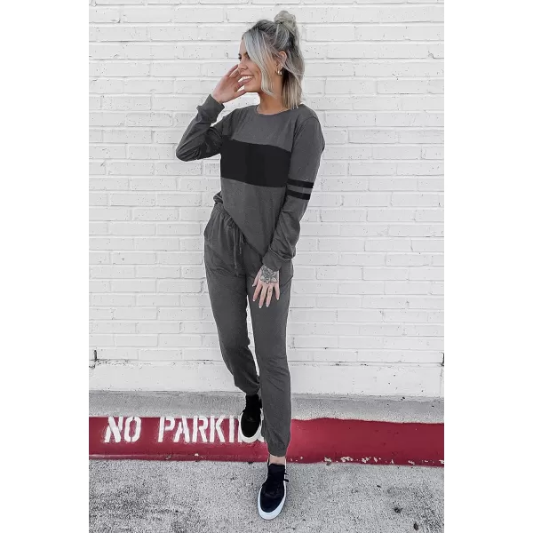 PRETTYGARDEN Womens Color Block 2 Piece Tracksuit Crewneck Long Sleeve Tops Long Sweatpants Outfits Lounge SetsDark Grey