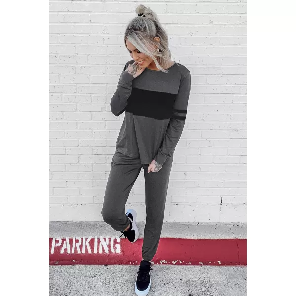 PRETTYGARDEN Womens Color Block 2 Piece Tracksuit Crewneck Long Sleeve Tops Long Sweatpants Outfits Lounge SetsDark Grey