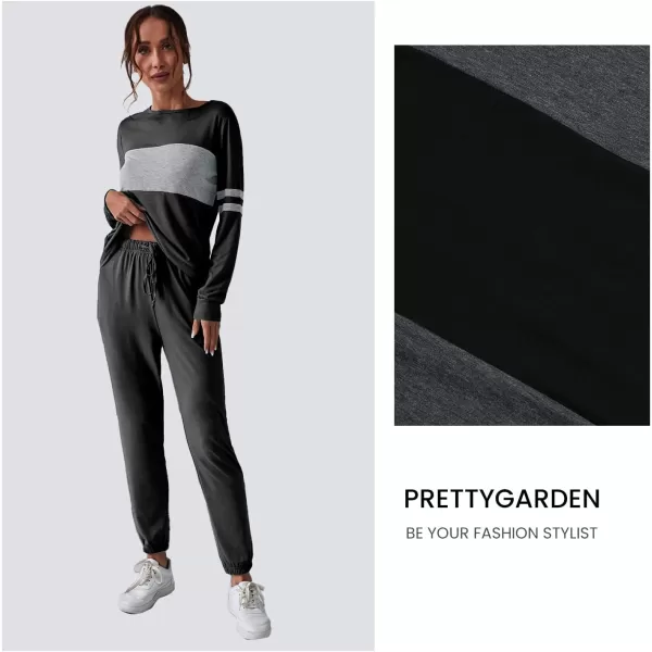 PRETTYGARDEN Womens Color Block 2 Piece Tracksuit Crewneck Long Sleeve Tops Long Sweatpants Outfits Lounge SetsDark Grey