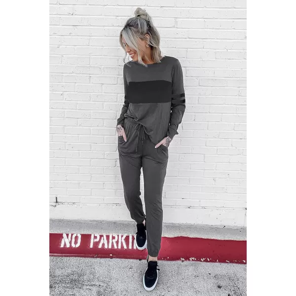 PRETTYGARDEN Womens Color Block 2 Piece Tracksuit Crewneck Long Sleeve Tops Long Sweatpants Outfits Lounge SetsDark Grey