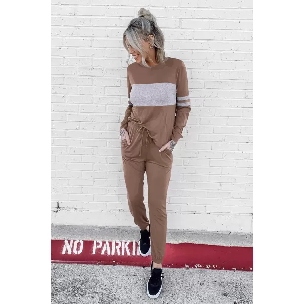 PRETTYGARDEN Womens Color Block 2 Piece Tracksuit Crewneck Long Sleeve Tops Long Sweatpants Outfits Lounge SetsDark Khaki