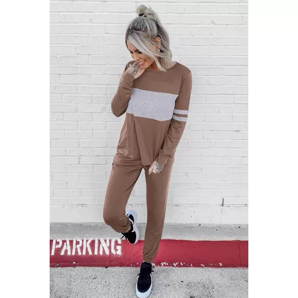 PRETTYGARDEN Womens Color Block 2 Piece Tracksuit Crewneck Long Sleeve Tops Long Sweatpants Outfits Lounge SetsDark Khaki