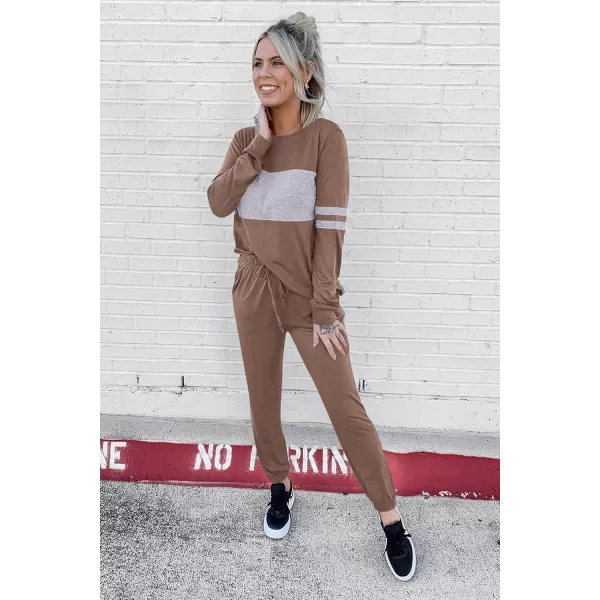PRETTYGARDEN Womens Color Block 2 Piece Tracksuit Crewneck Long Sleeve Tops Long Sweatpants Outfits Lounge SetsDark Khaki