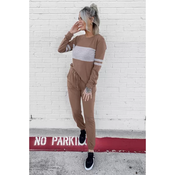 PRETTYGARDEN Womens Color Block 2 Piece Tracksuit Crewneck Long Sleeve Tops Long Sweatpants Outfits Lounge SetsDark Khaki