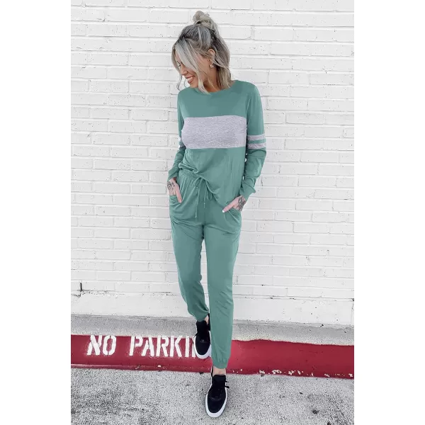 PRETTYGARDEN Womens Color Block 2 Piece Tracksuit Crewneck Long Sleeve Tops Long Sweatpants Outfits Lounge SetsFruit Green