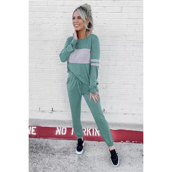PRETTYGARDEN Womens Color Block 2 Piece Tracksuit Crewneck Long Sleeve Tops Long Sweatpants Outfits Lounge SetsFruit Green