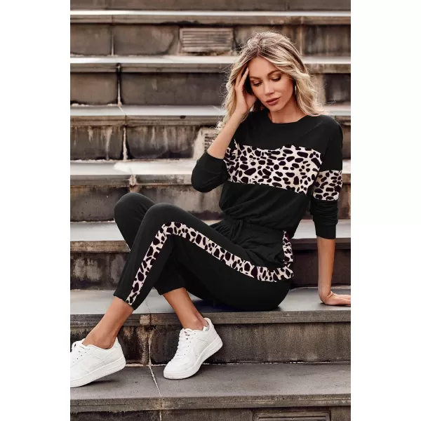 PRETTYGARDEN Womens Color Block 2 Piece Tracksuit Crewneck Long Sleeve Tops Long Sweatpants Outfits Lounge SetsLeopard Black