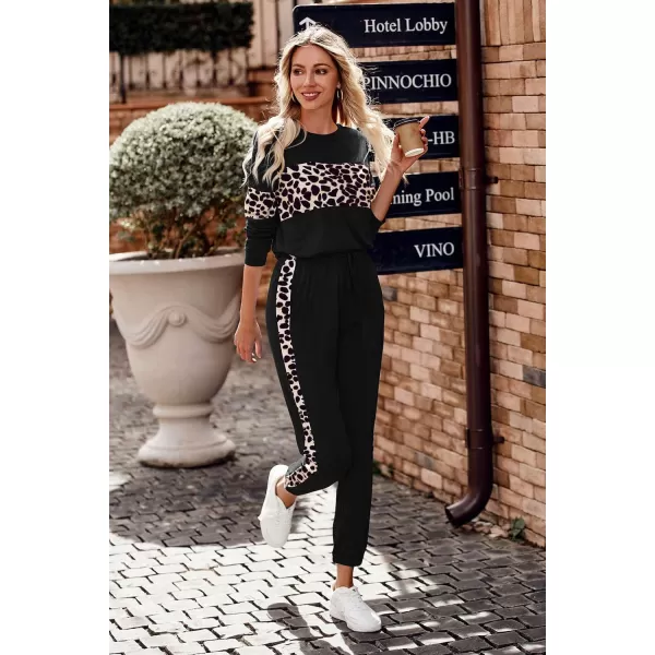 PRETTYGARDEN Womens Color Block 2 Piece Tracksuit Crewneck Long Sleeve Tops Long Sweatpants Outfits Lounge SetsLeopard Black