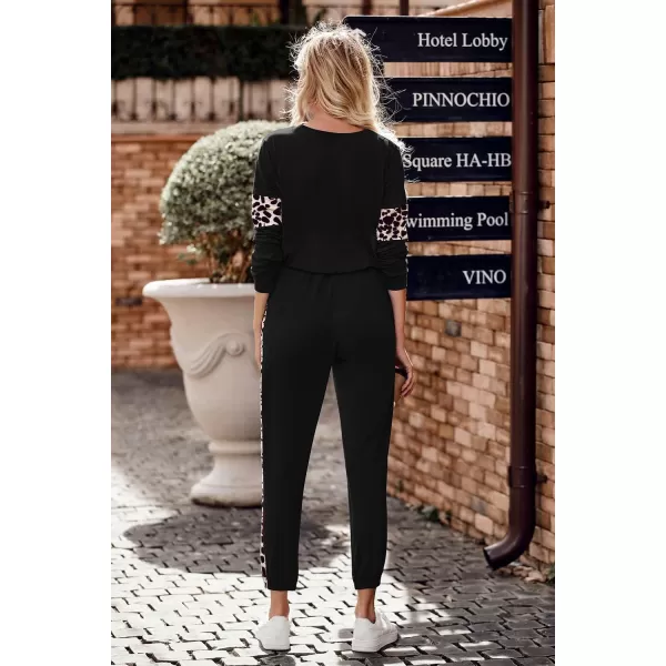 PRETTYGARDEN Womens Color Block 2 Piece Tracksuit Crewneck Long Sleeve Tops Long Sweatpants Outfits Lounge SetsLeopard Black