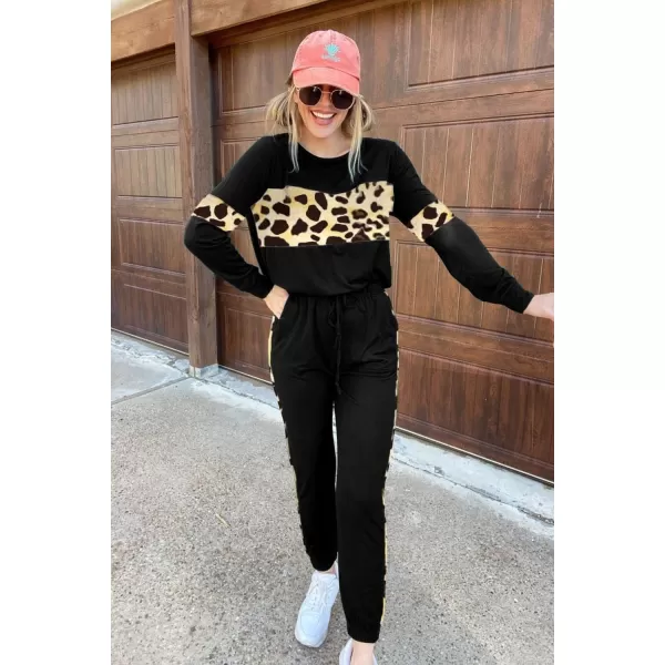 PRETTYGARDEN Womens Color Block 2 Piece Tracksuit Crewneck Long Sleeve Tops Long Sweatpants Outfits Lounge SetsLeopard Black