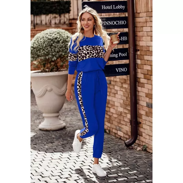 PRETTYGARDEN Womens Color Block 2 Piece Tracksuit Crewneck Long Sleeve Tops Long Sweatpants Outfits Lounge SetsLeopard Blue