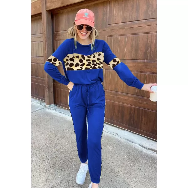 PRETTYGARDEN Womens Color Block 2 Piece Tracksuit Crewneck Long Sleeve Tops Long Sweatpants Outfits Lounge SetsLeopard Blue