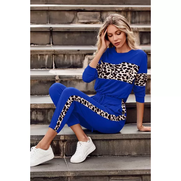 PRETTYGARDEN Womens Color Block 2 Piece Tracksuit Crewneck Long Sleeve Tops Long Sweatpants Outfits Lounge SetsLeopard Blue