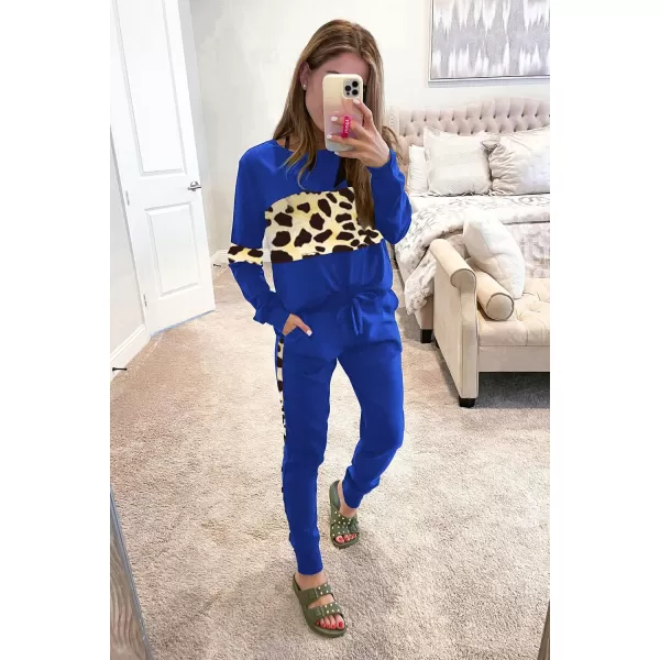 PRETTYGARDEN Womens Color Block 2 Piece Tracksuit Crewneck Long Sleeve Tops Long Sweatpants Outfits Lounge SetsLeopard Blue