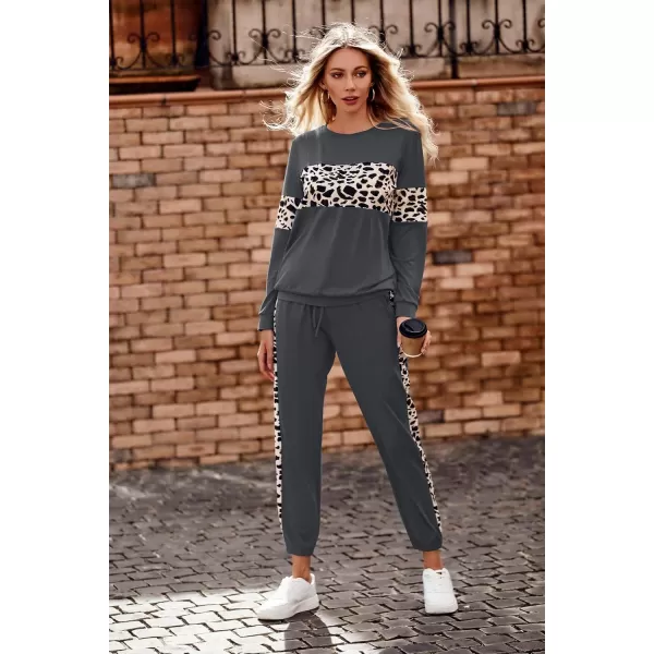PRETTYGARDEN Womens Color Block 2 Piece Tracksuit Crewneck Long Sleeve Tops Long Sweatpants Outfits Lounge SetsLeopard Dark Grey