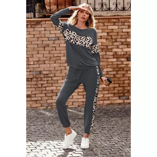 PRETTYGARDEN Womens Color Block 2 Piece Tracksuit Crewneck Long Sleeve Tops Long Sweatpants Outfits Lounge SetsLeopard Dark Grey