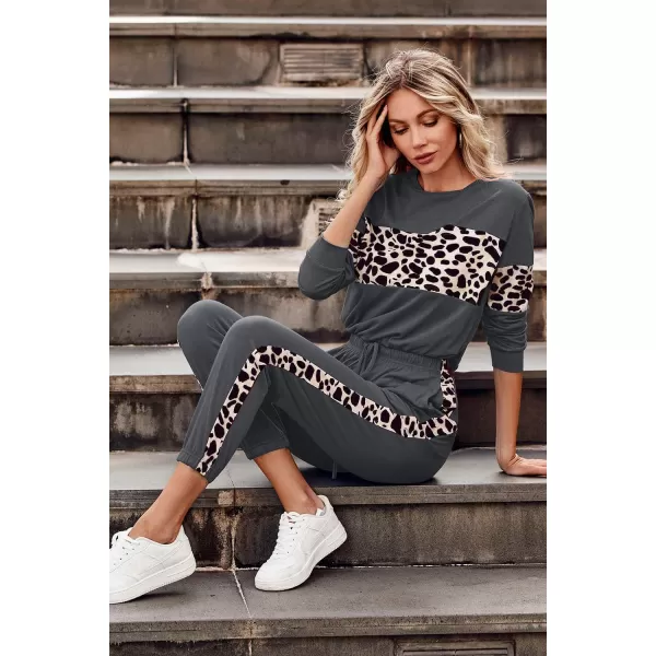 PRETTYGARDEN Womens Color Block 2 Piece Tracksuit Crewneck Long Sleeve Tops Long Sweatpants Outfits Lounge SetsLeopard Dark Grey