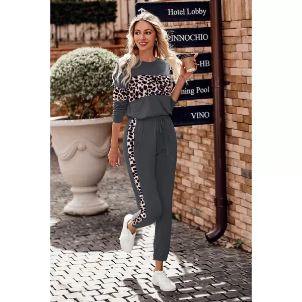 PRETTYGARDEN Womens Color Block 2 Piece Tracksuit Crewneck Long Sleeve Tops Long Sweatpants Outfits Lounge SetsLeopard Dark Grey