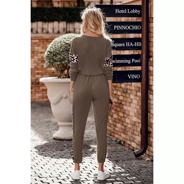 PRETTYGARDEN Womens Color Block 2 Piece Tracksuit Crewneck Long Sleeve Tops Long Sweatpants Outfits Lounge SetsLeopard Dark Khaki
