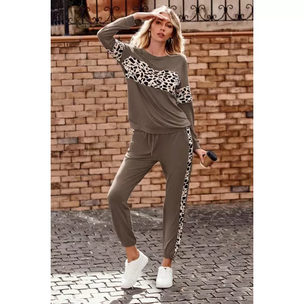 PRETTYGARDEN Womens Color Block 2 Piece Tracksuit Crewneck Long Sleeve Tops Long Sweatpants Outfits Lounge SetsLeopard Dark Khaki