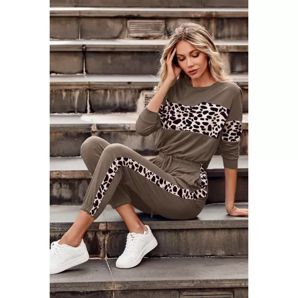 PRETTYGARDEN Womens Color Block 2 Piece Tracksuit Crewneck Long Sleeve Tops Long Sweatpants Outfits Lounge SetsLeopard Dark Khaki