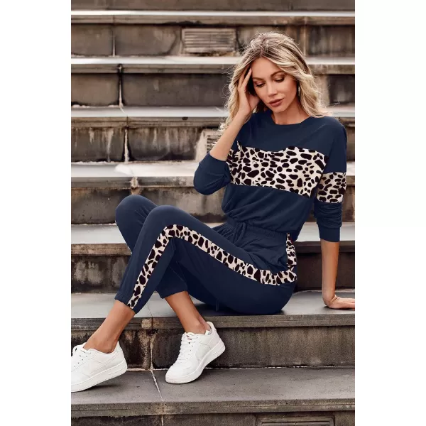 PRETTYGARDEN Womens Color Block 2 Piece Tracksuit Crewneck Long Sleeve Tops Long Sweatpants Outfits Lounge SetsLeopard Navy
