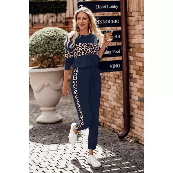 PRETTYGARDEN Womens Color Block 2 Piece Tracksuit Crewneck Long Sleeve Tops Long Sweatpants Outfits Lounge SetsLeopard Navy