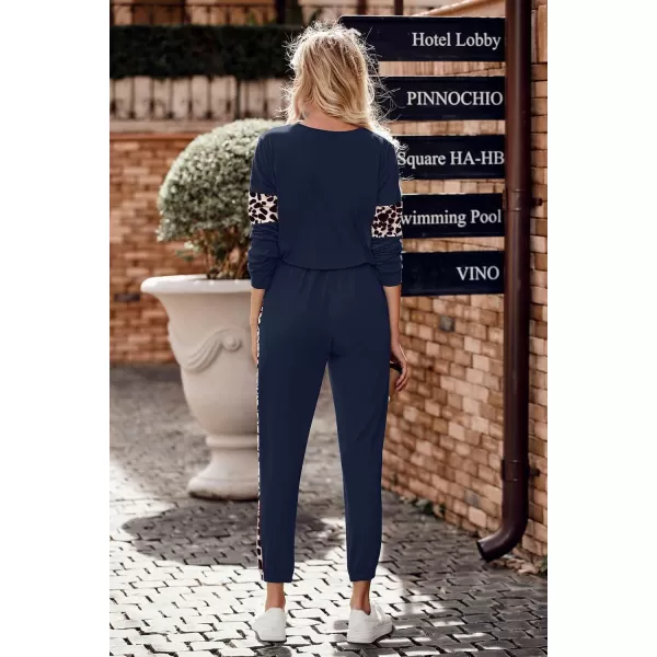 PRETTYGARDEN Womens Color Block 2 Piece Tracksuit Crewneck Long Sleeve Tops Long Sweatpants Outfits Lounge SetsLeopard Navy