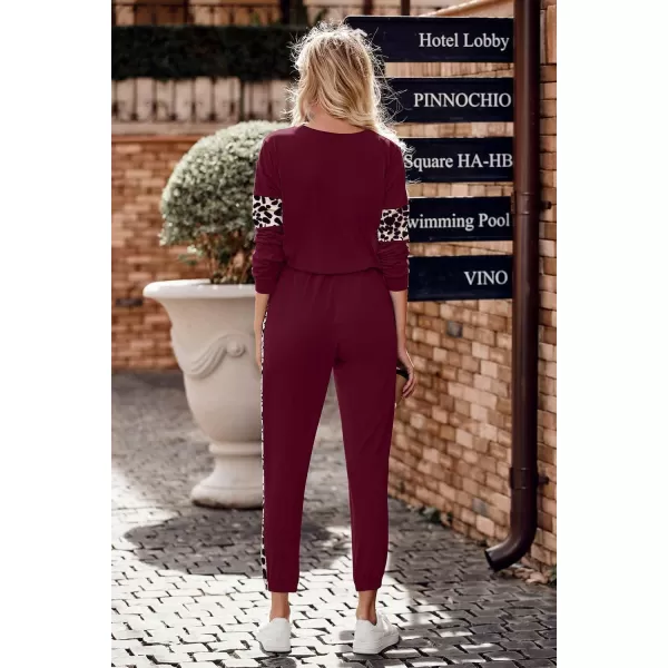 PRETTYGARDEN Womens Color Block 2 Piece Tracksuit Crewneck Long Sleeve Tops Long Sweatpants Outfits Lounge SetsLeopard Wine Red